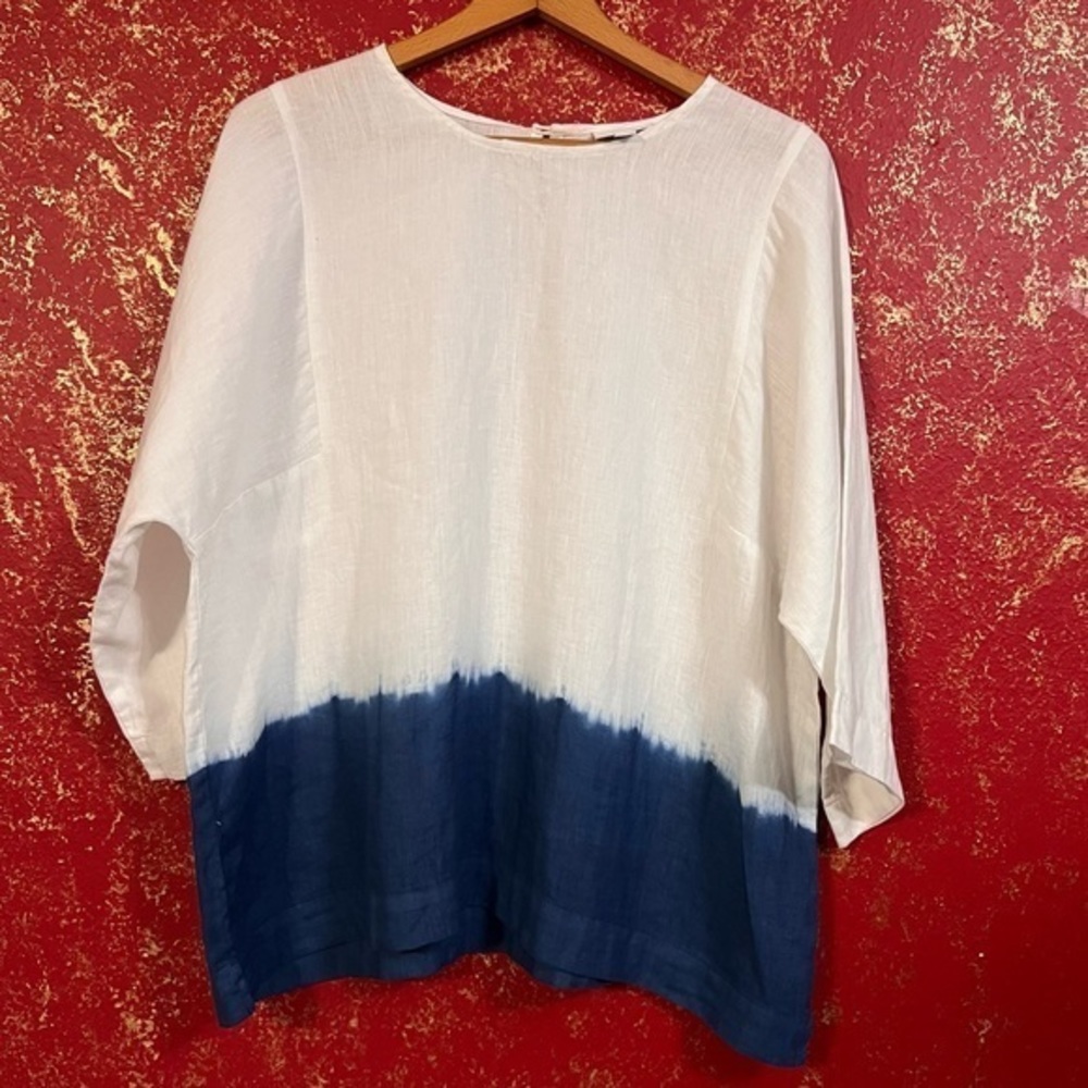 PURE JILL LINEN J.JILL OMBRE NAVY LINEN KIMONO SLEEVES TOP SHIRT BLOUSE L - Picture 2 of 15